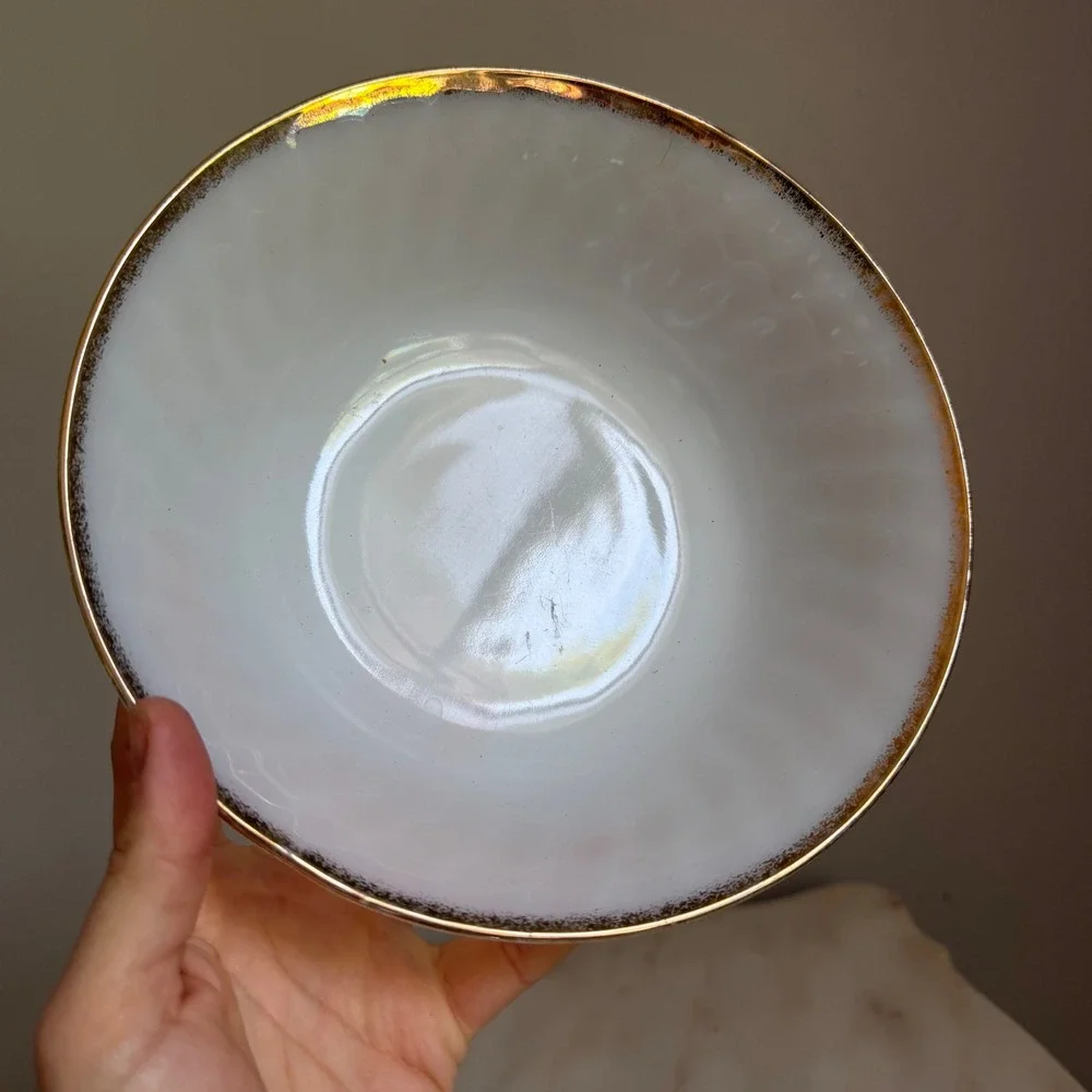 Vintage Fire-King Milk Glass Swirl Bowl Gold Trim 22k Rim White 8.25 Inch USA